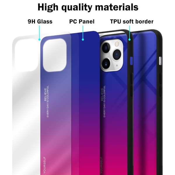 iPhone 11 PRO Suojakuori Suojakotelo Kaksivärinen joka on valmistettu TPU-silikonista ja jonka takaosa on valmistettu karkaistusta lasista