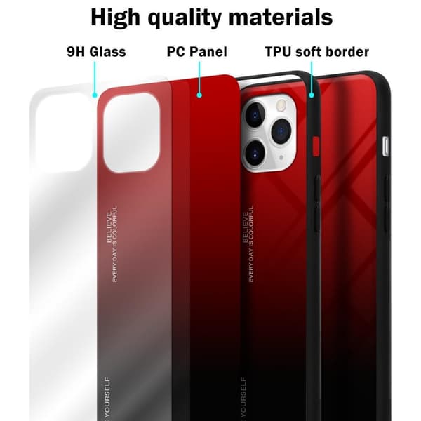 iPhone 11 PRO Suojakuori Suojakotelo Kaksivärinen joka on valmistettu TPU-silikonista ja jonka takaosa on valmistettu karkaistusta lasista