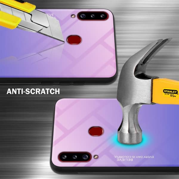 Samsung Galaxy A20s Suojakuori Suojakotelo Kaksivärinen joka on valmistettu TPU-silikonista ja jonka takaosa on valmistettu karkaistusta lasista