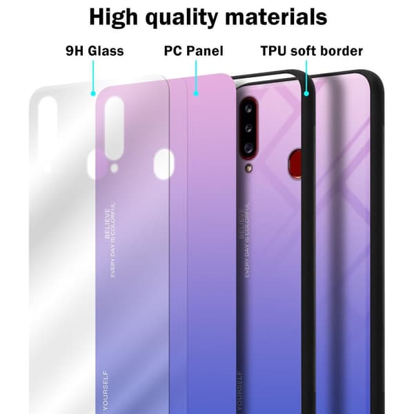 Samsung Galaxy A20s Suojakuori Suojakotelo Kaksivärinen joka on valmistettu TPU-silikonista ja jonka takaosa on valmistettu karkaistusta lasista