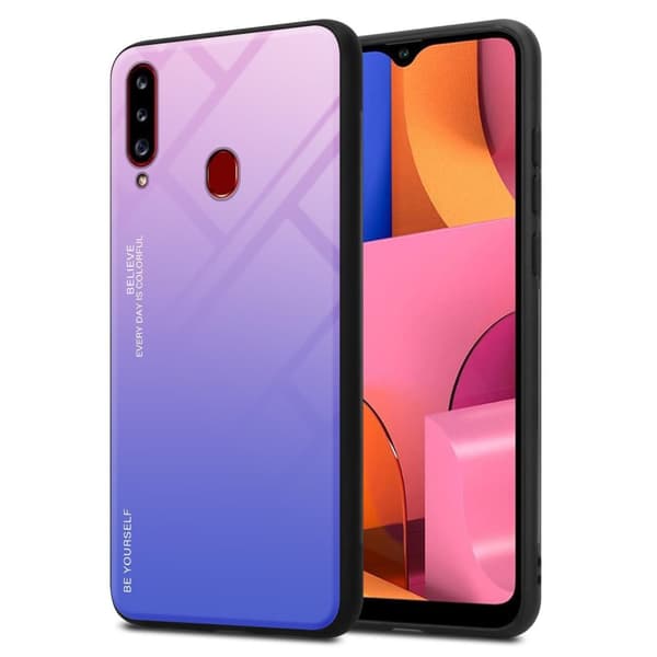 Samsung Galaxy A20s Suojakuori Suojakotelo Kaksivärinen joka on valmistettu TPU-silikonista ja jonka takaosa on valmistettu karkaistusta lasista