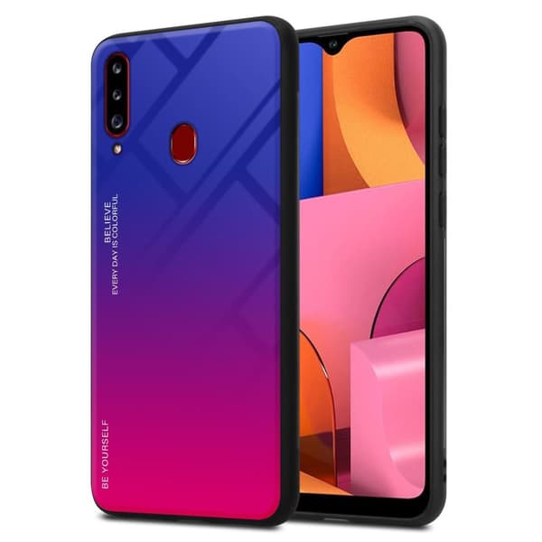 Samsung Galaxy A20s Suojakuori Suojakotelo Kaksivärinen joka on valmistettu TPU-silikonista ja jonka takaosa on valmistettu karkaistusta lasista
