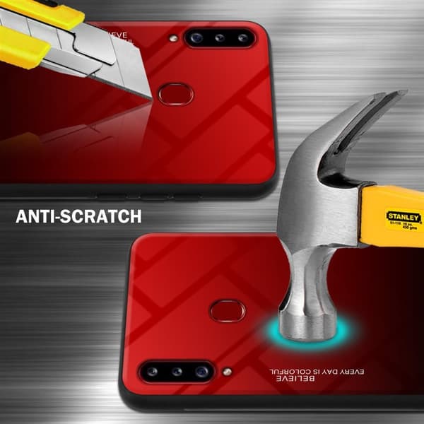 Samsung Galaxy A20s Suojakuori Suojakotelo Kaksivärinen joka on valmistettu TPU-silikonista ja jonka takaosa on valmistettu karkaistusta lasista