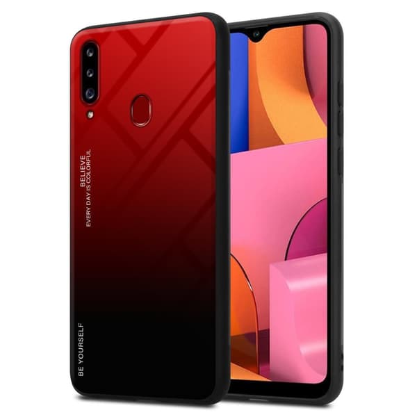 Samsung Galaxy A20s Suojakuori Suojakotelo Kaksivärinen joka on valmistettu TPU-silikonista ja jonka takaosa on valmistettu karkaistusta lasista