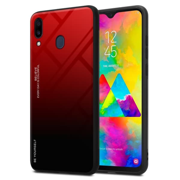 Samsung Galaxy M20 Skal Fodral i två färger av TPU-silikon och baksida av härdat glas Case Cover Mobilskydd RÖD - SVART