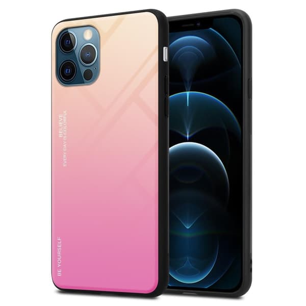 Deksel til iPhone 12 PRO MAX Silikondeksel av TPU-silikon og bakside av herdet glass GUL - ROSA