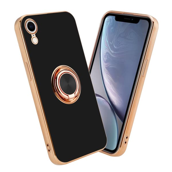 iPhone XR Skal Fodral med ring av flexibel TPU-silikon, med kameraskydd och magnetisk bilhållare Glossy Svart - Guld
