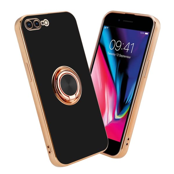 iPhone 7 PLUS / 7S PLUS / 8 PLUS Skal Fodral med ring av flexibel TPU-silikon, med kameraskydd och magnetisk bilhållare Glossy Svart - Guld