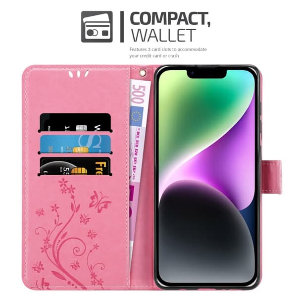 Deksel til iPhone 14 Lommebokdeksel i blomster design med magnetisk lukking, stativfunksjon og kortplasser