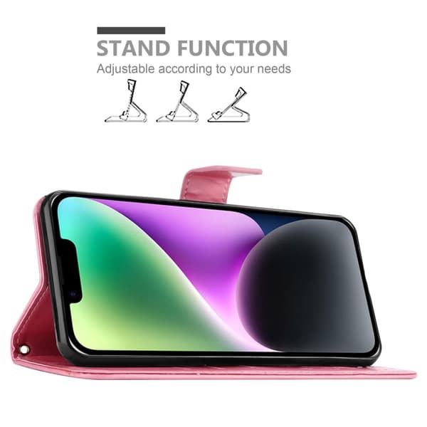 Deksel til iPhone 14 Lommebokdeksel i blomster design med magnetisk lukking, stativfunksjon og kortplasser
