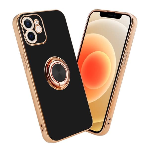 Deksel til iPhone 12 med ring Etui av fleksibel TPU-silikon, med kamerabeskyttelse magnetisk bilholder Glossy Black - Gull