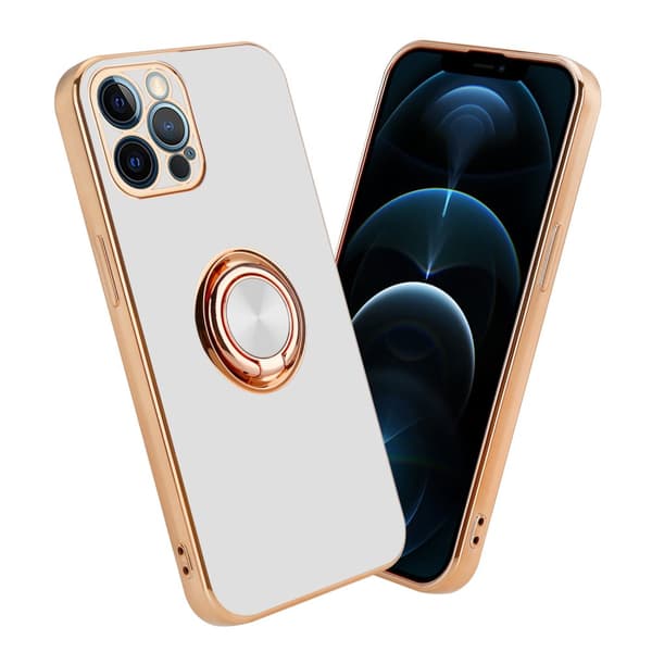 Deksel til iPhone 12 PRO med ring Etui av fleksibel TPU-silikon, med kamerabeskyttelse magnetisk bilholder Glossy Wit - Gull