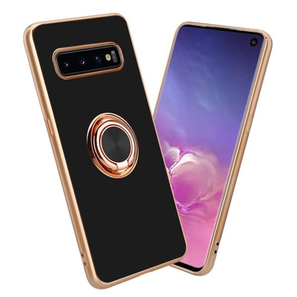 Deksel til Samsung Galaxy S10 PLUS med ring Etui av fleksibel TPU-silikon, med kamerabeskyttelse magnetisk bilholder Glossy Black - Gull