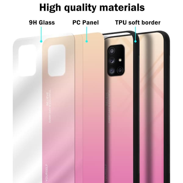 Samsung Galaxy A71 5G Suojakuori Suojakotelo Kaksivärinen joka on valmistettu TPU-silikonista ja jonka takaosa on valmistettu karkaistusta lasista