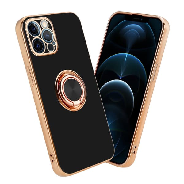 Deksel til iPhone 12 PRO MAX med ring Etui av fleksibel TPU-silikon, med kamerabeskyttelse magnetisk bilholder Glossy Black - Gull