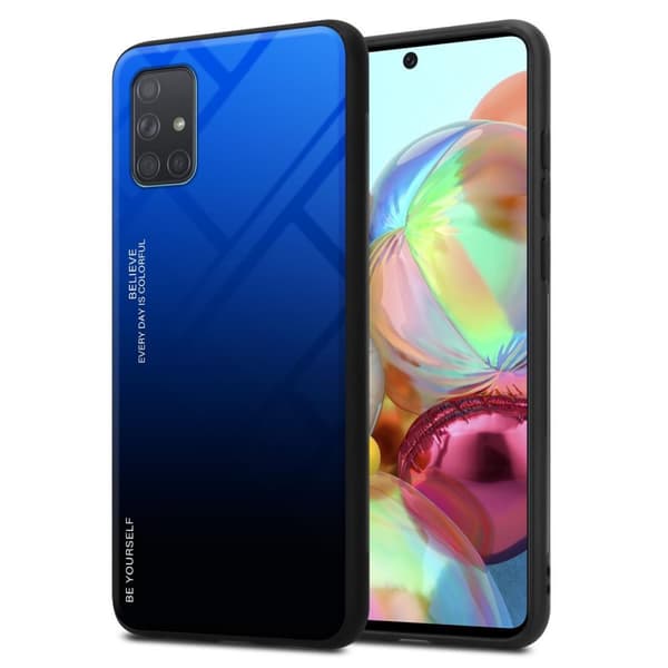 Samsung Galaxy A71 4G Skal Fodral i två färger av TPU-silikon och baksida av härdat glas Case Cover Mobilskydd BLÅ - SVART