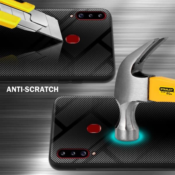 Deksel til Samsung Galaxy A20s Stripe optics Silikondeskel laget av TPU-silikon og bakside av herdet glass