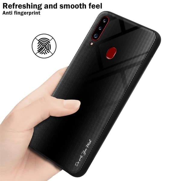 Deksel til Samsung Galaxy A20s Stripe optics Silikondeskel laget av TPU-silikon og bakside av herdet glass