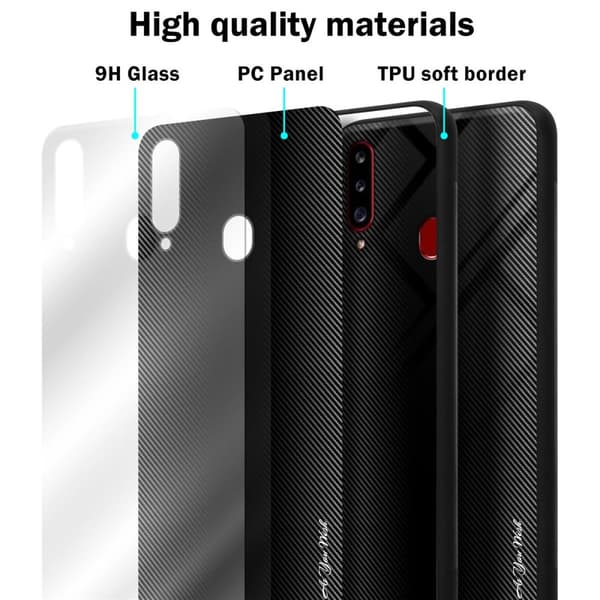 Deksel til Samsung Galaxy A20s Stripe optics Silikondeskel laget av TPU-silikon og bakside av herdet glass