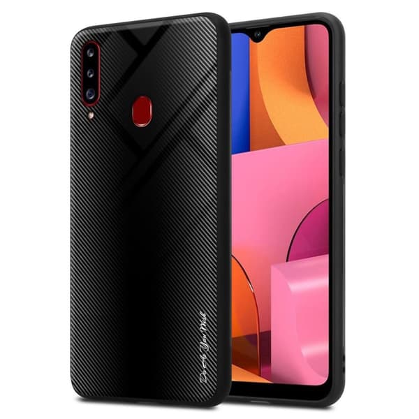 Deksel til Samsung Galaxy A20s Stripe optics Silikondeskel laget av TPU-silikon og bakside av herdet glass