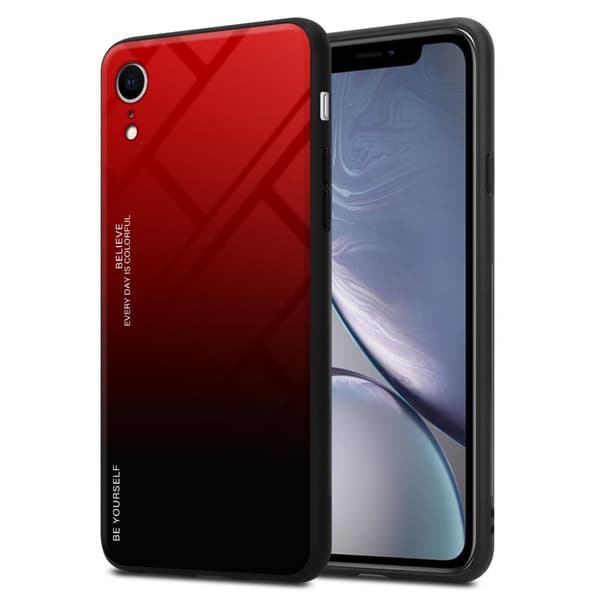 iPhone XR Suojakuori Suojakotelo Kaksivärinen joka on valmistettu TPU-silikonista ja jonka takaosa on valmistettu karkaistusta lasista PUNAINEN - MUSTA