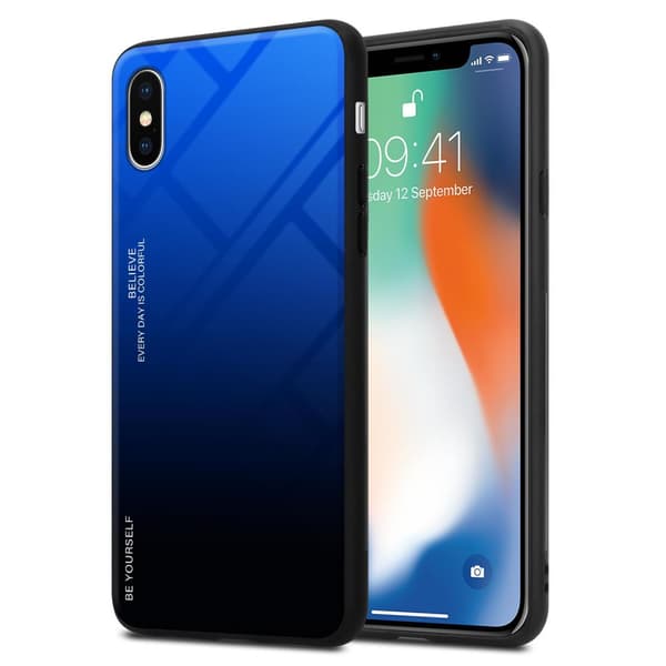 Deksel til iPhone X / XS Silikondeksel av TPU-silikon og bakside av herdet glass BLÅ SVART