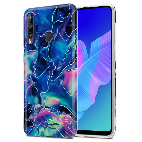 Huawei P40 LITE E Skal Fodral Mobilskydd av TPU-silikon med mosaikmönster Blå Rosa Marmor No. 17