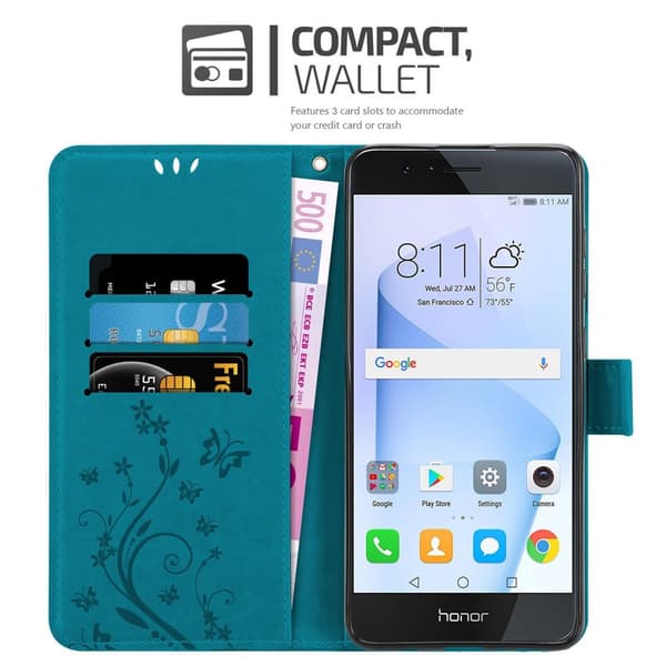 Deksel til Honor 8 / 8 PREMIUM Lommebokdeksel i blomster design med magnetisk lukking, stativfunksjon og kortplasser