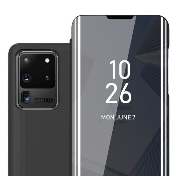 Samsung Galaxy S20 ULTRA Lompakkokotelo Matkapuhelinkotelo Suojakuori Clear View Mirror Suojakotelo jalusta toiminto 360 asteen suojaus TURMALIININ MUSTA