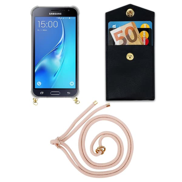 Deksel med kedja for Samsung Galaxy J3 2016 Case med gullringer, ledningsstropp og avtakbart etui