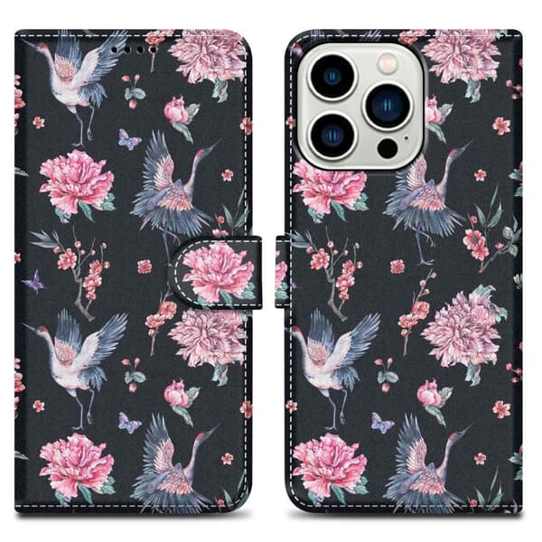 Lommebokdeksel til iPhone 14 PRO Beskyttelsesetui med magnetisk lukking, stativfunksjon og kortspor Kran og blomster nr. 9