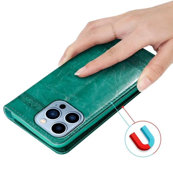 Lommebokdeksel til iPhone 13 PRO beskyttelsesetui med magnetisk lukking, stativfunksjon og kortspor