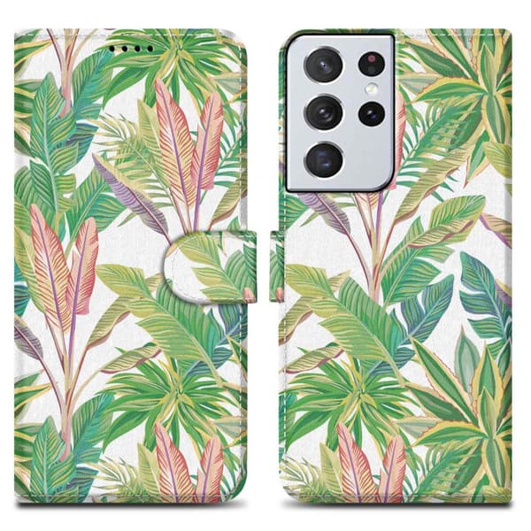 Samsung Galaxy S22 ULTRA Skal Plånboksfodral Mobilskydd Fodral Case med magnetisk stängning, ståfunktion och kortficka Grön Regnskog No. 8