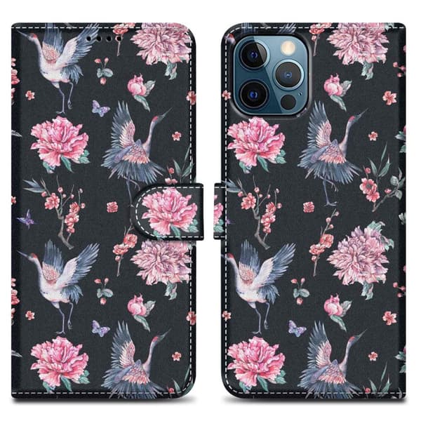 Lommebokdeksel til iPhone 13 PRO MAX Beskyttelsesetui med magnetisk lukking, stativfunksjon og kortspor Kran og blomster nr. 9