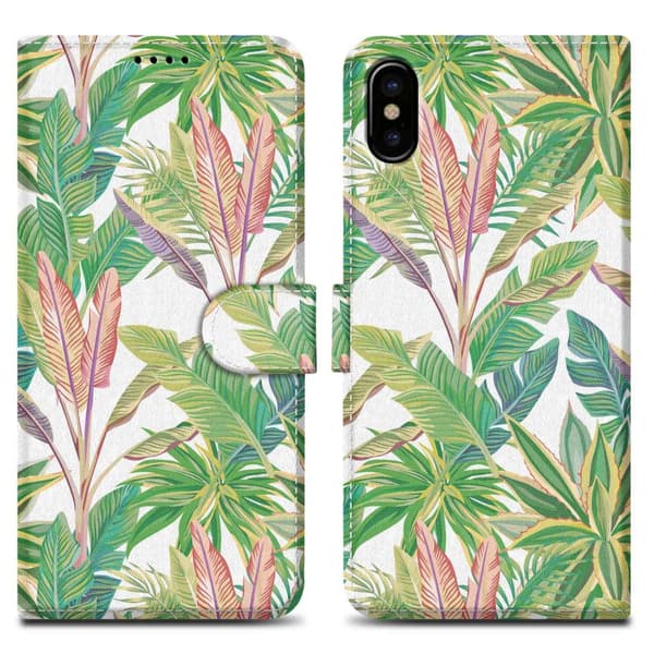 iPhone X / XS Skal Plånboksfodral Mobilskydd Fodral Case med magnetisk stängning, ståfunktion och kortficka Grön Regnskog No. 8