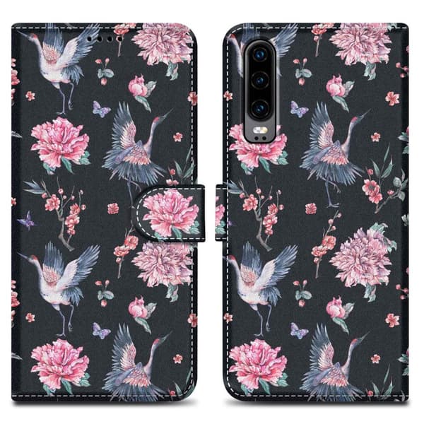 Huawei P30 Pungetui Cover Case () Vandhane og blomster nr. 9