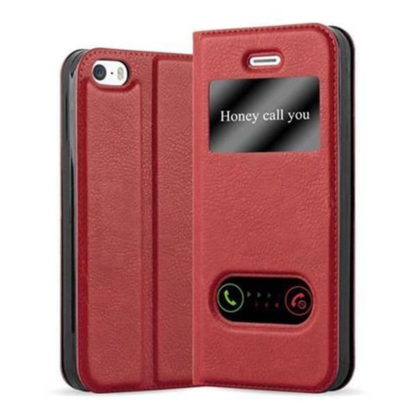 Apple iPhone 5 / 5S / SE 2016 Skal Plånboksfodral Fodral Case med magnetisk stängning, ståfunktion och 2 visningsfönster SAFFRAN RÖD