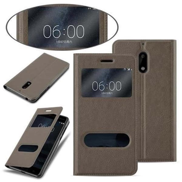 Nokia 6 2017 Suojakotelo Suojakuori Lompakkokotelo Matkapuhelinkotelo jossa on magneettisuljenta, jalusta-toiminto ja 2 katseluikkunaa