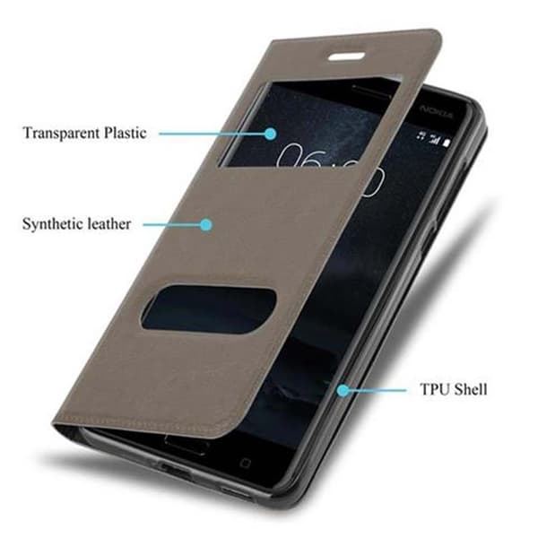 Nokia 6 2017 Suojakotelo Suojakuori Lompakkokotelo Matkapuhelinkotelo jossa on magneettisuljenta, jalusta-toiminto ja 2 katseluikkunaa