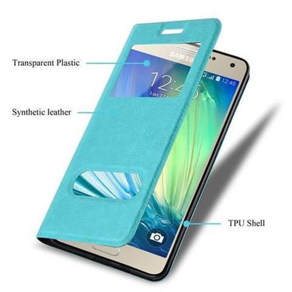 Samsung Galaxy A3 2015 Suojakotelo Suojakuori Lompakkokotelo Matkapuhelinkotelo jossa on magneettisuljenta, jalusta-toiminto ja 2 katseluikkunaa