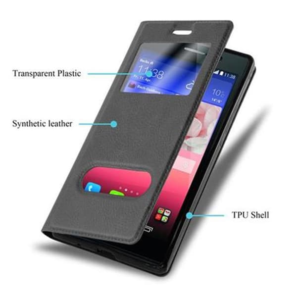 Huawei ASCEND P7 Suojakotelo Suojakuori Lompakkokotelo Matkapuhelinkotelo jossa on magneettisuljenta, jalusta-toiminto ja 2 katseluikkunaa