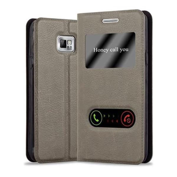 Samsung Galaxy S2 / S2 PLUS Suojakotelo Suojakuori Lompakkokotelo Matkapuhelinkotelo jossa on magneettisuljenta, jalusta-toiminto ja 2 katseluikkunaa KIVENRUSKEA
