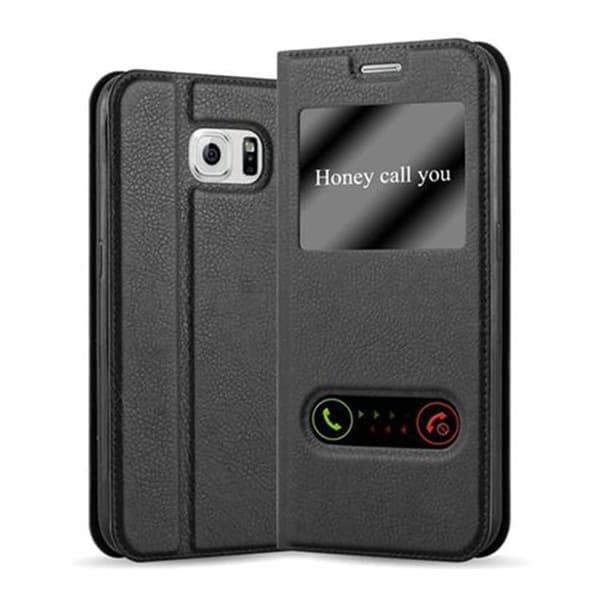 Samsung Galaxy S6 Suojakotelo Suojakuori Lompakkokotelo Matkapuhelinkotelo jossa on magneettisuljenta, jalusta-toiminto ja 2 katseluikkunaa KOMETA MUSTA