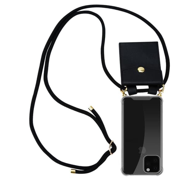 Deksel med kedja for iPhone 11 PRO MAX Case med gullringer, ledningsstropp og avtakbart etui SVART