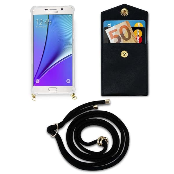Deksel med kedja for Samsung Galaxy NOTE 5 Case med gullringer, ledningsstropp og avtakbart etui