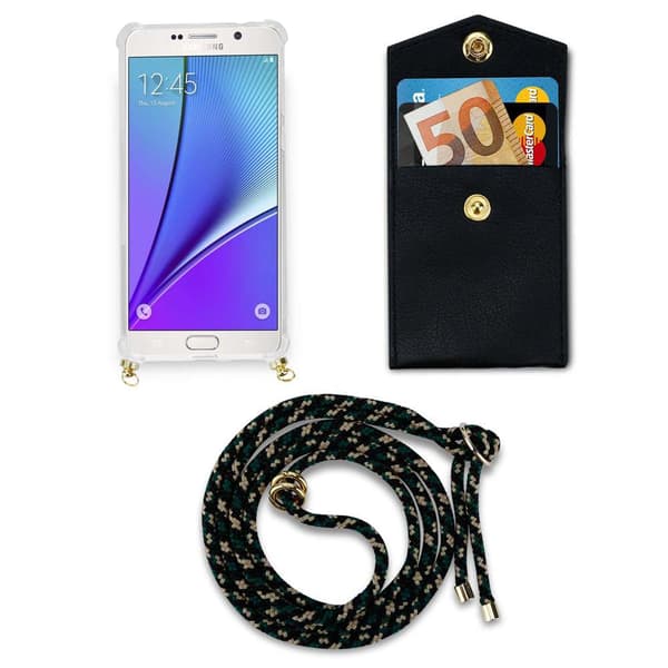 Deksel med kedja for Samsung Galaxy NOTE 5 Case med gullringer, ledningsstropp og avtakbart etui