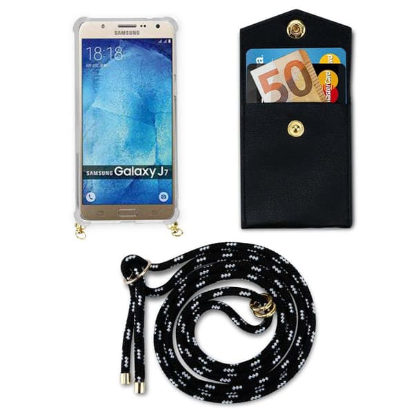 Deksel med kedja for Samsung Galaxy J7 2015 Case med gullringer, ledningsstropp og avtakbart etui