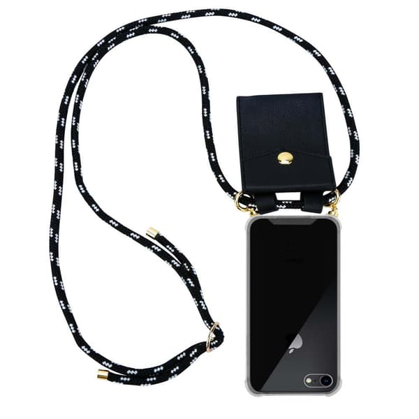 iPhone 7 / 7S / 8 / SE 2020 Suojakuori ketju Silikoni suojakotelo Gold Rings johto hihna ja irrotettava asia MUSTA HOPEA