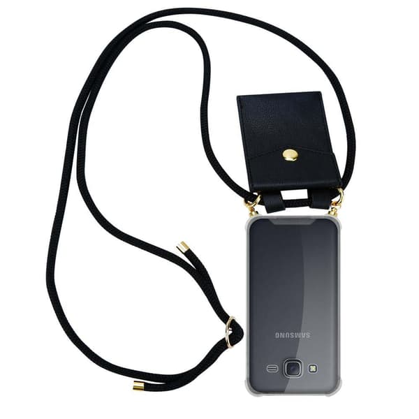 Deksel med kedja for Samsung Galaxy J5 2015 Case med gullringer, ledningsstropp og avtakbart etui SVART