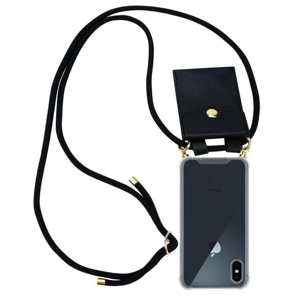 Deksel med kedja for iPhone XS MAX Case med gullringer, ledningsstropp og avtakbart etui SVART